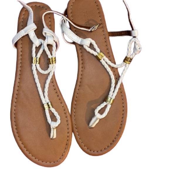 Forever 21 Women’s Size 9 White Tan & Gold Braided Sandals. - Picture 4 of 5